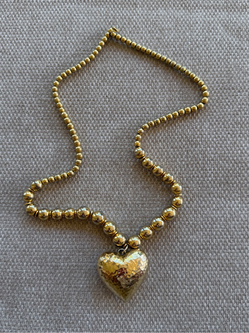 Vintage 90’s Large Gold Ball Chain With Hammered Puffy Heart 22”